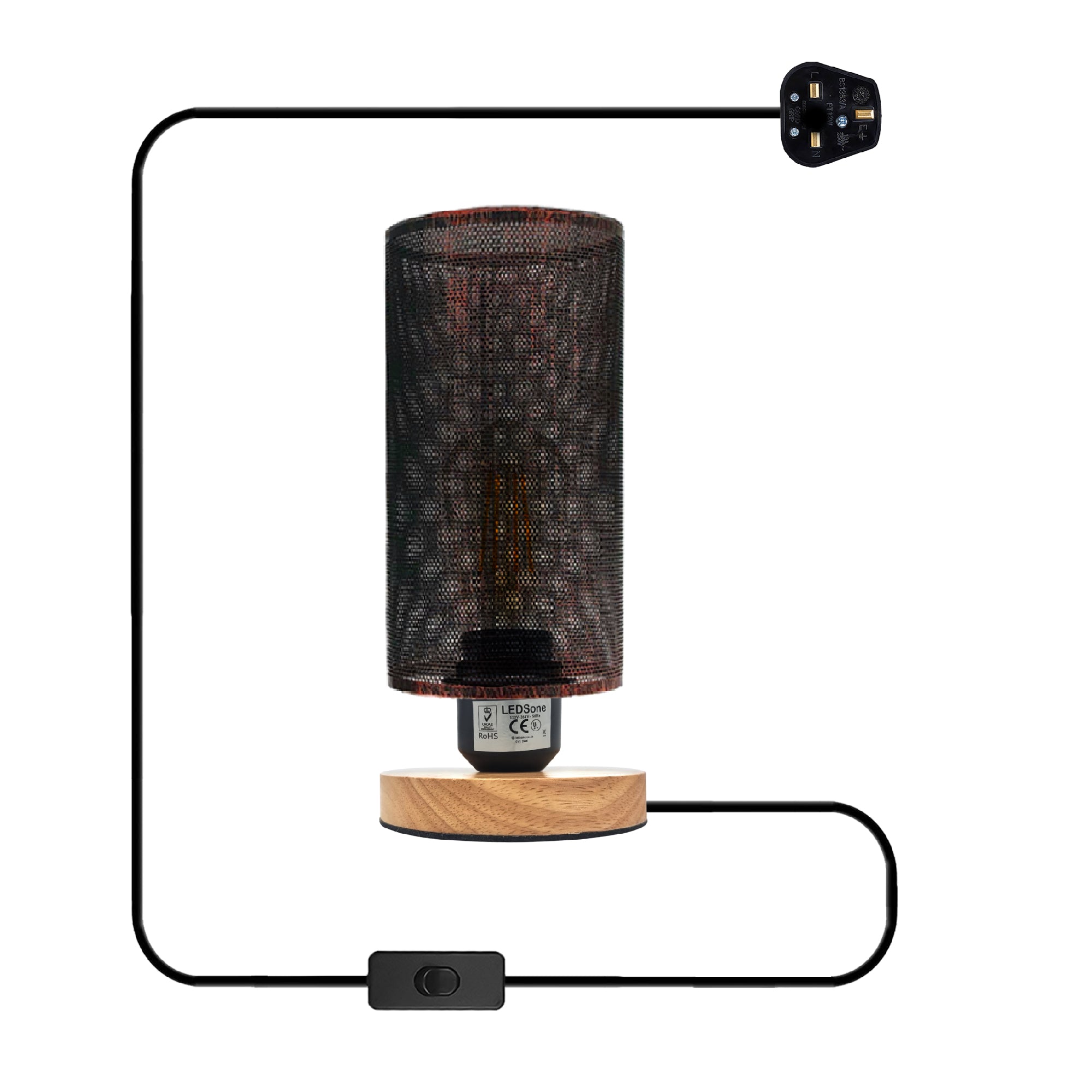Industrial Bedside Table Lamp with Metal Wire Cage and Wooden Base