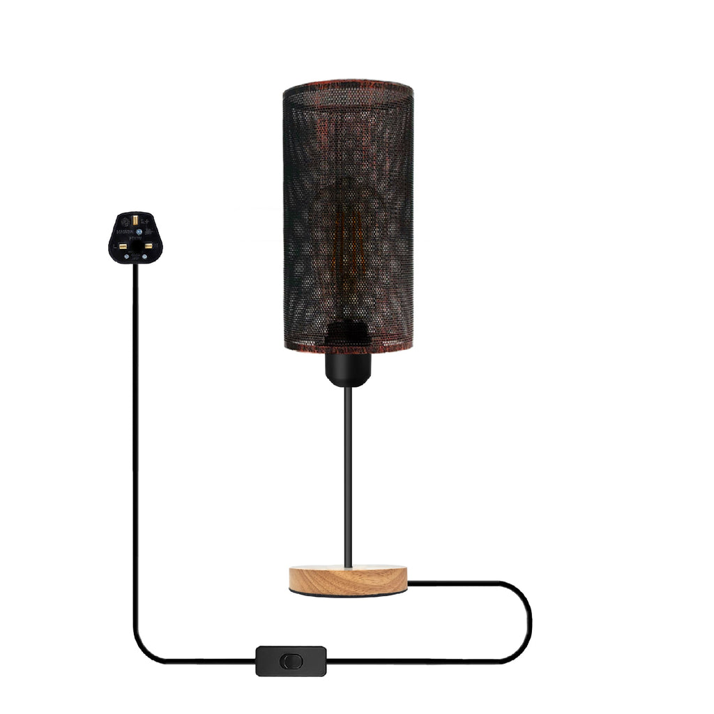 Industrial Metal Cage Table Lamp with Natural Wooden Stand Bedside