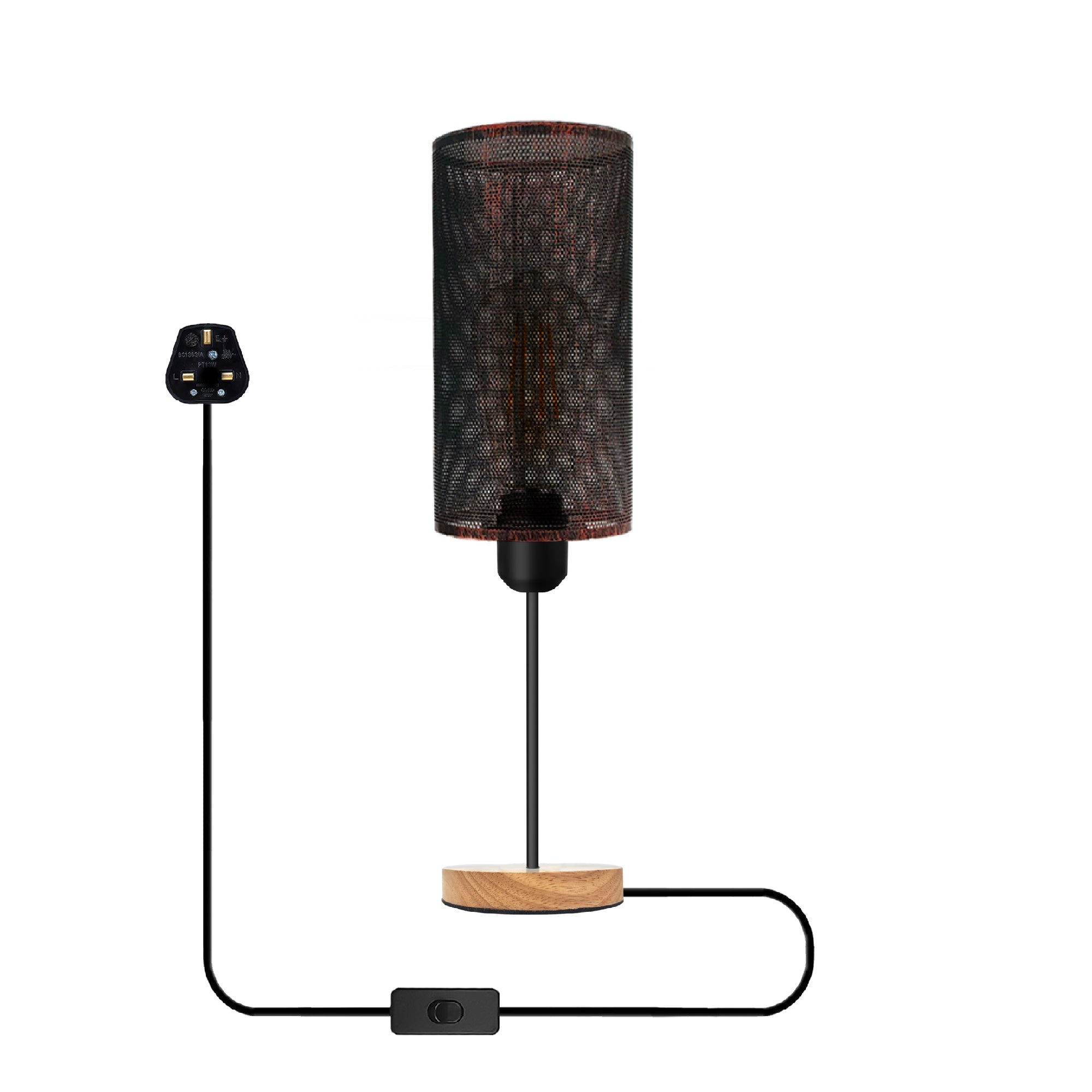 Industrial Metal Cage Table Lamp with Natural Wooden Stand Bedside