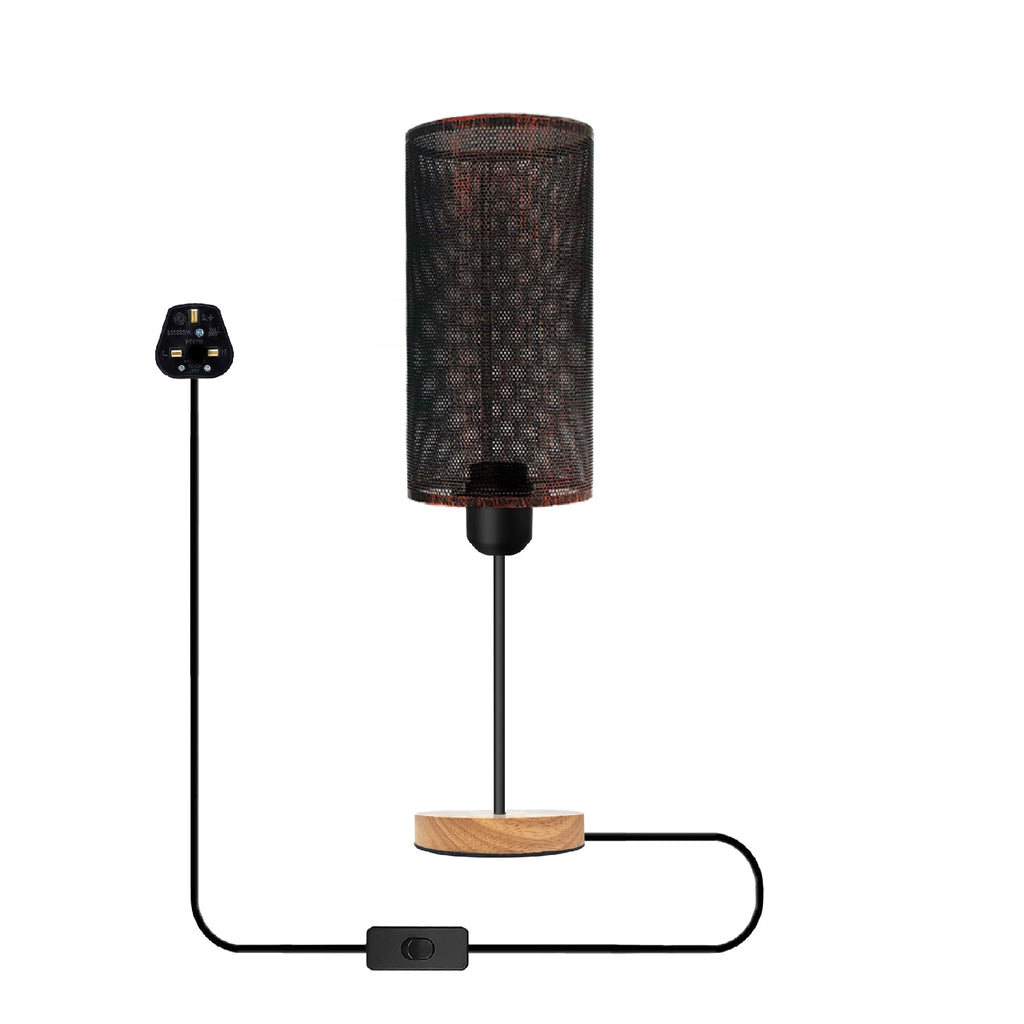 Industrial Metal Cage Table Lamp with Natural Wooden Stand Bedside