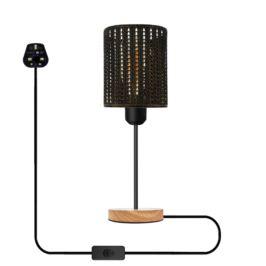 Industrial Metal Wire Cage Wooden Stand Plug-in Table Lamp with On/Off Switch