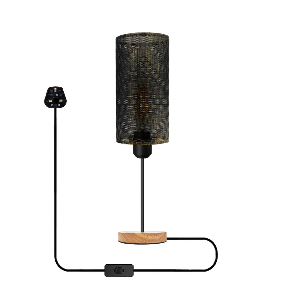 Industrial Metal Cage Table Lamp with Wooden Base, Modern Bedside Desk Light