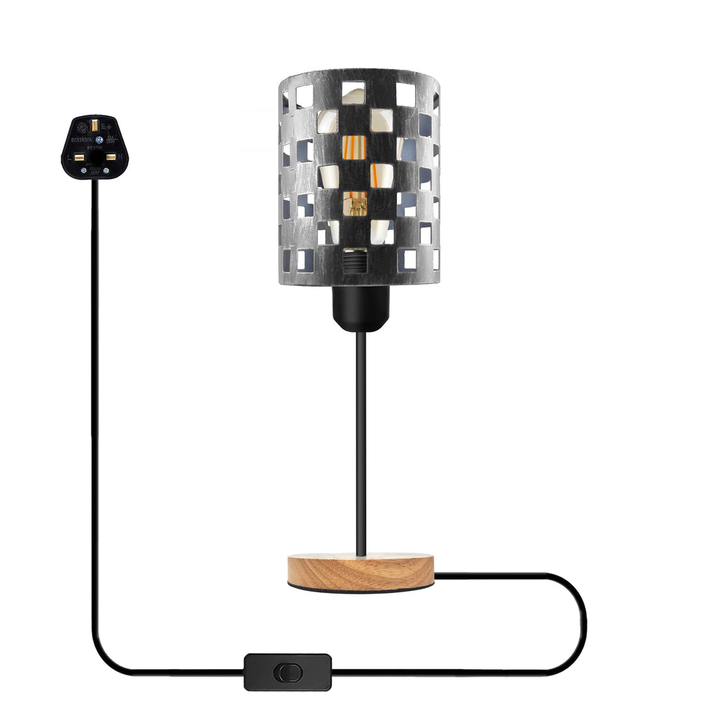 Industrial Metal Cage Table Lamp, Wooden Base, Plug-in On/Off Switch