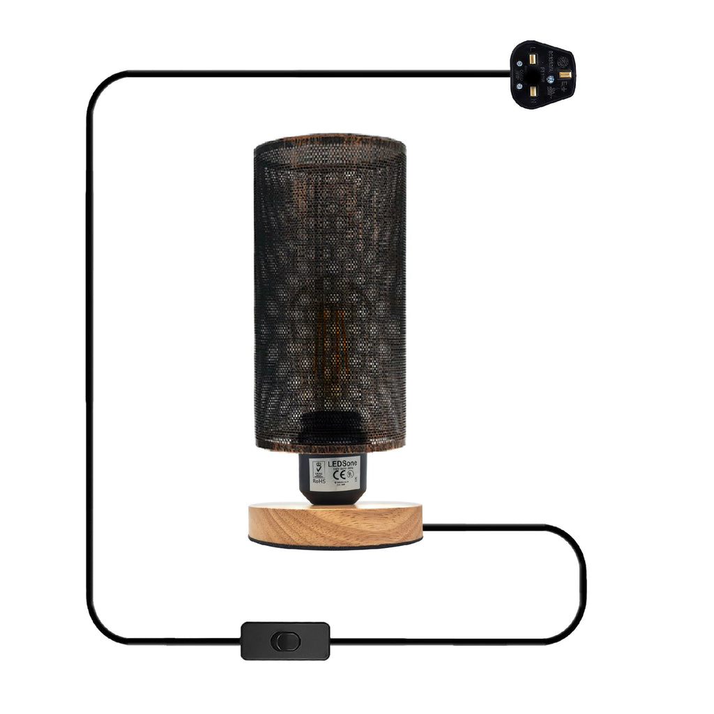 Industrial Bedside Table Lamp with Metal Wire Cage and Wooden Base