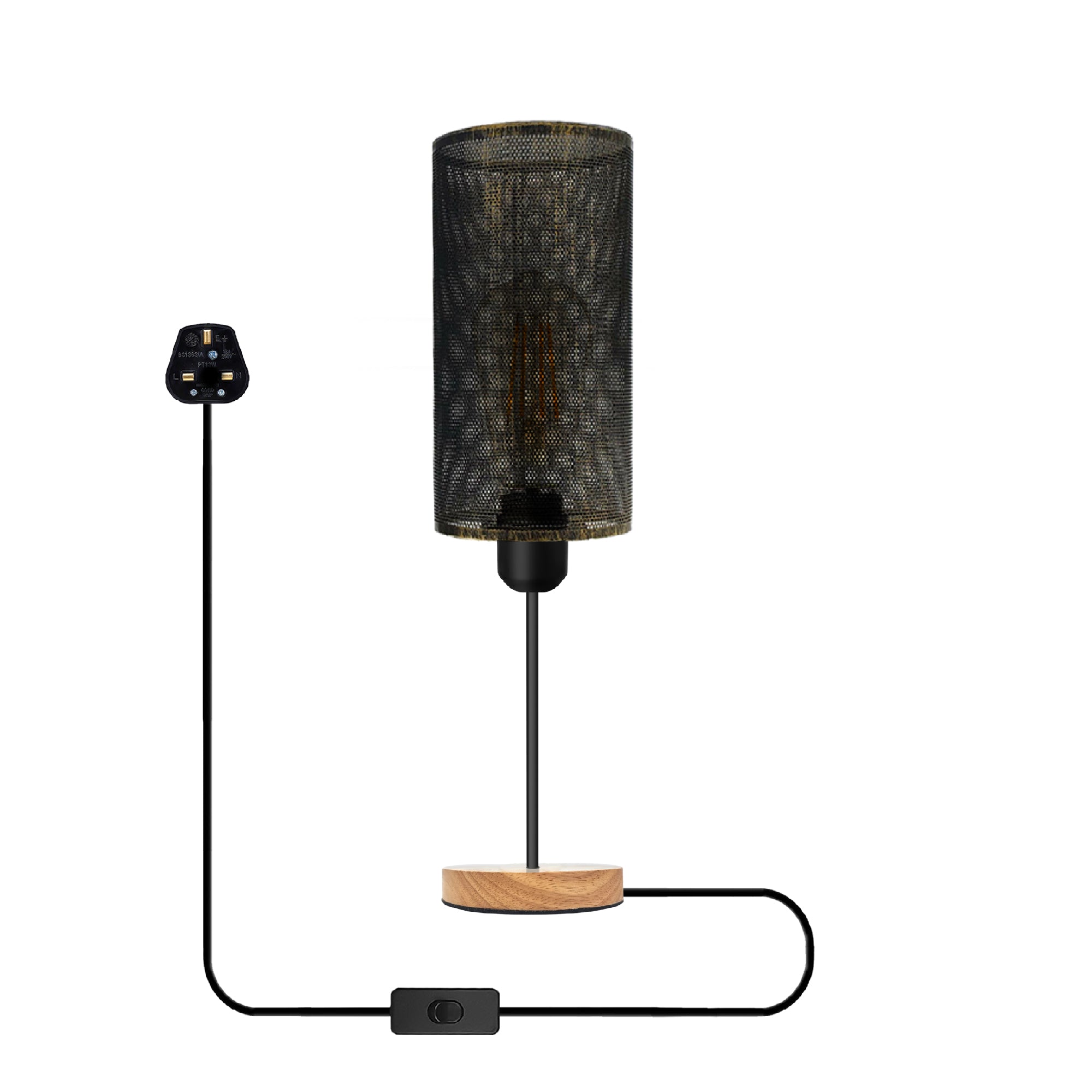 Industrial Metal Cage Table Lamp with Natural Wooden Stand Bedside
