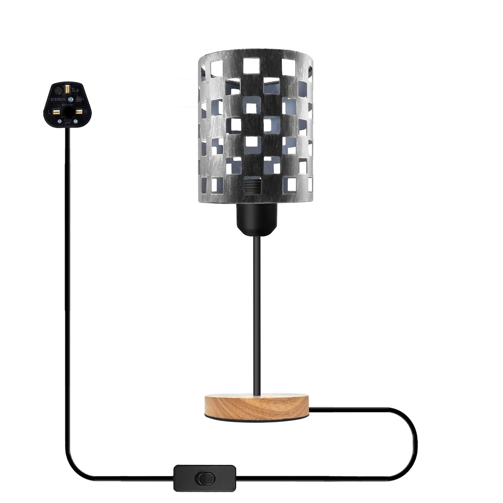 Industrial Metal Cage Table Lamp, Wooden Base, E27 Plugin On/Off Switch