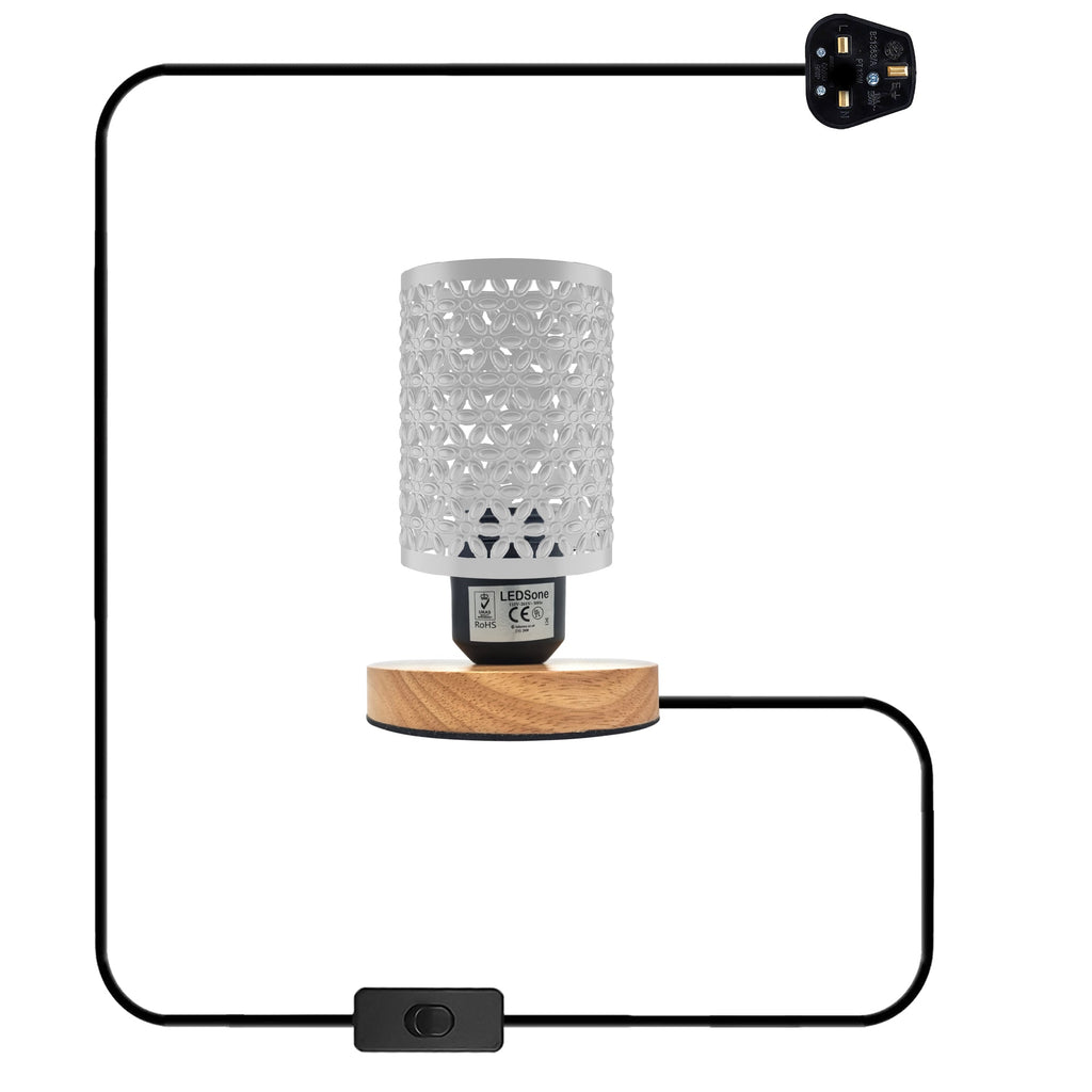 Industrial Metal Barrel Cage Table Lamp with Natural Wood Stand
