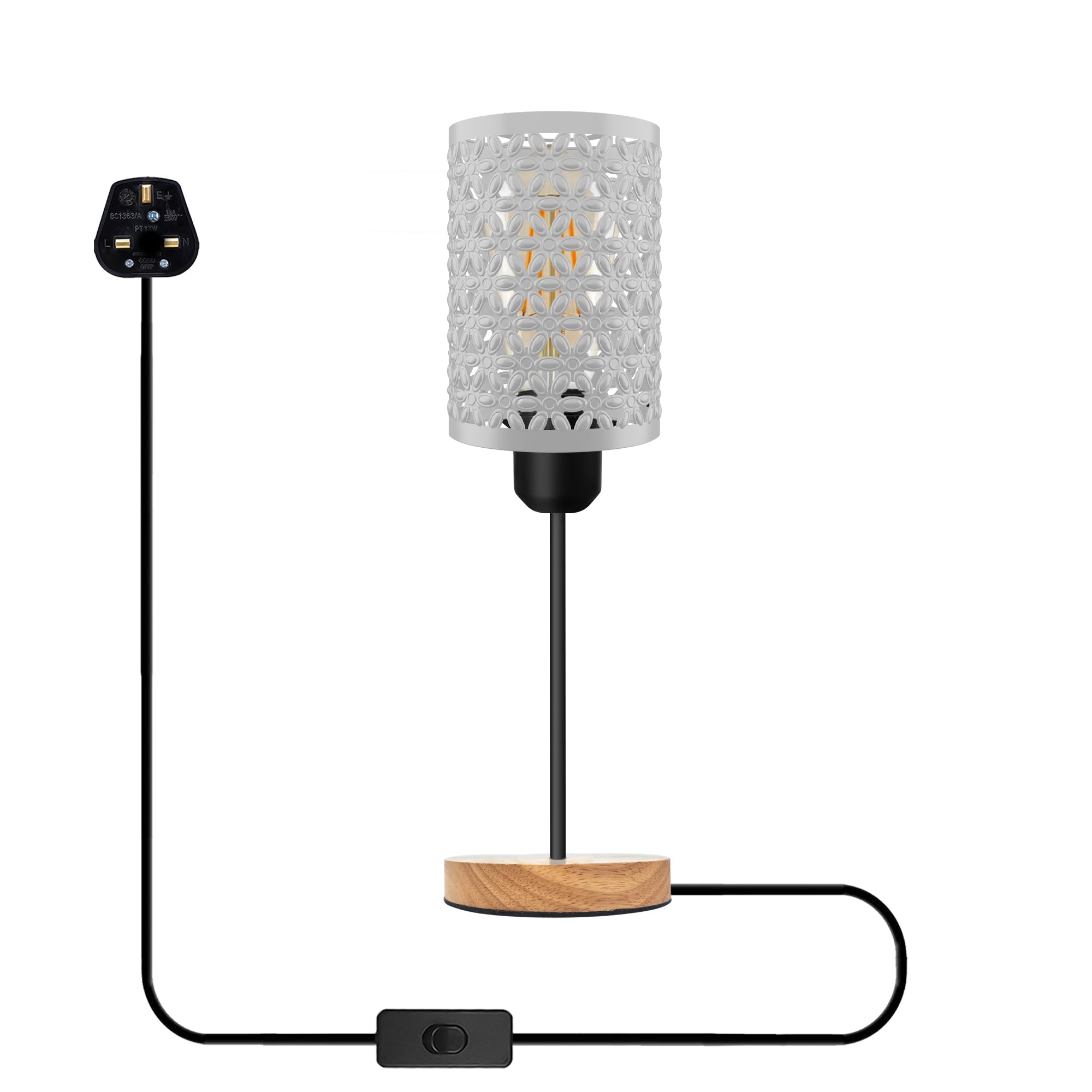 Industrial Metal Cage Table Lamp with Wooden Base, E27 Bedside Light
