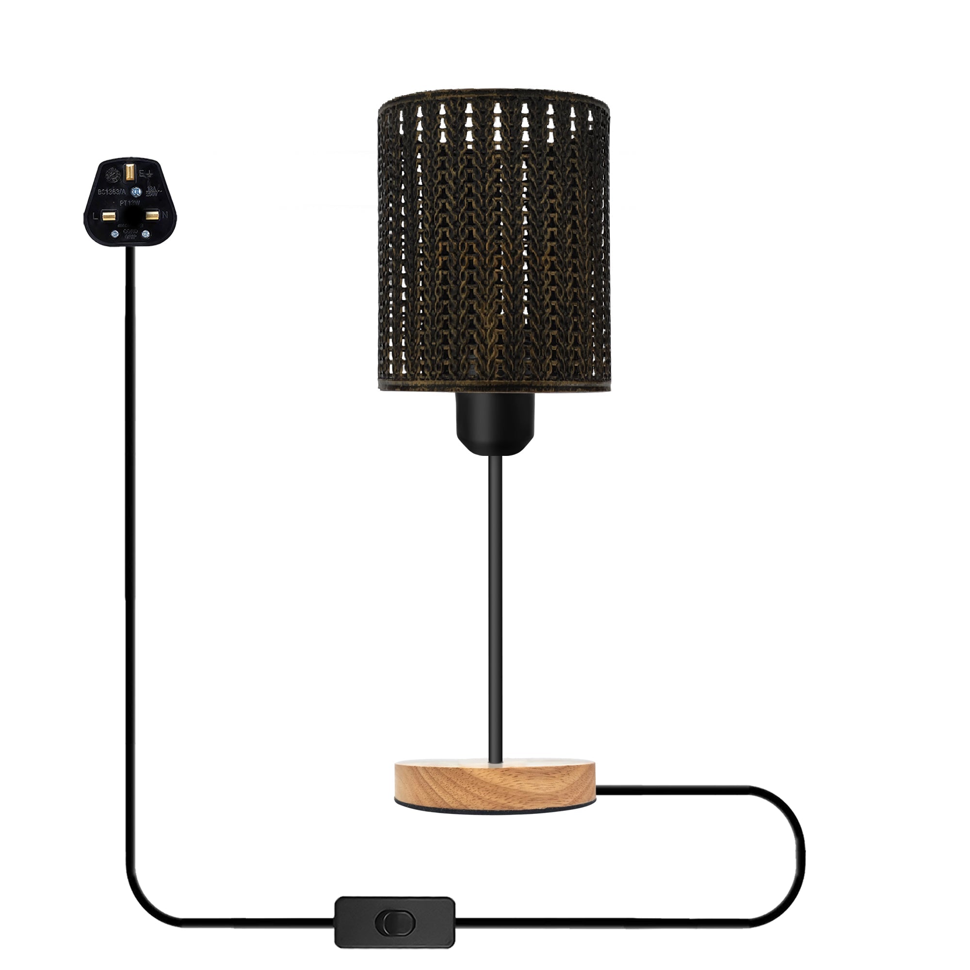Industrial Metal Wire Cage Wooden Stand Plug-in Table Lamp with On/Off Switch