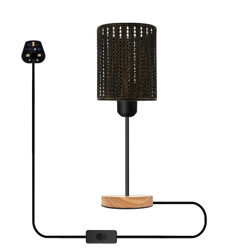 Industrial Metal Wire Cage Table Lamp, Wood Stand, On/Off Switch