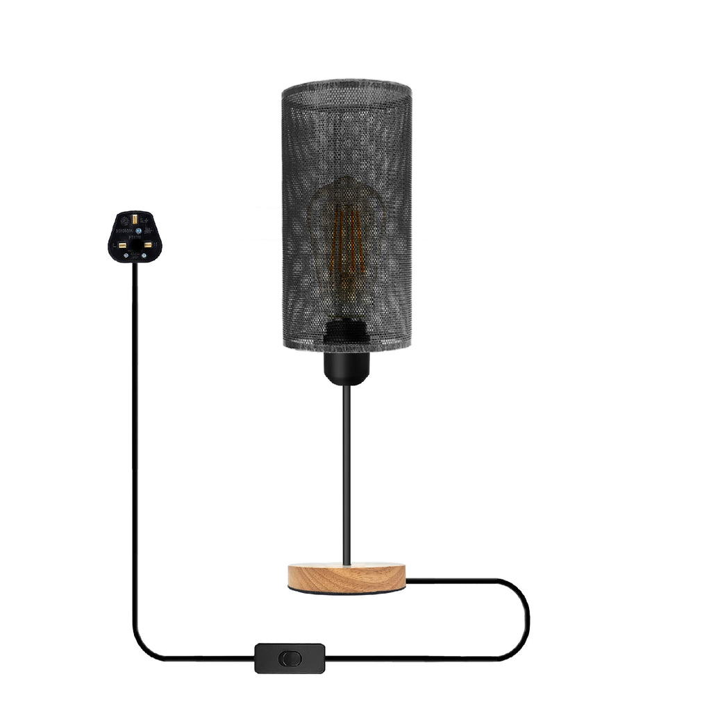 Industrial Metal Cage Table Lamp with Natural Wooden Stand Bedside