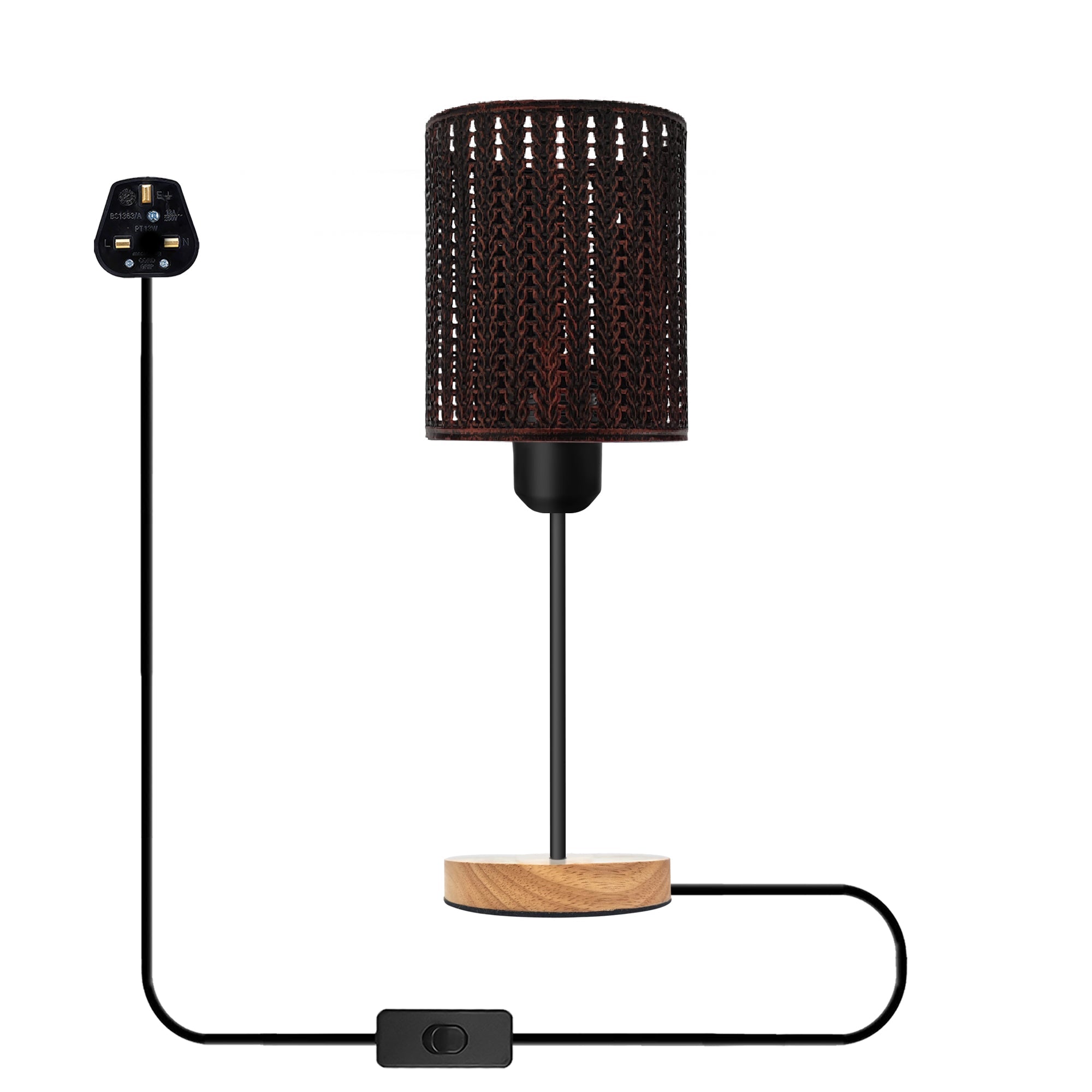 Industrial Metal Wire Cage Wooden Stand Plug-in Table Lamp with On/Off Switch