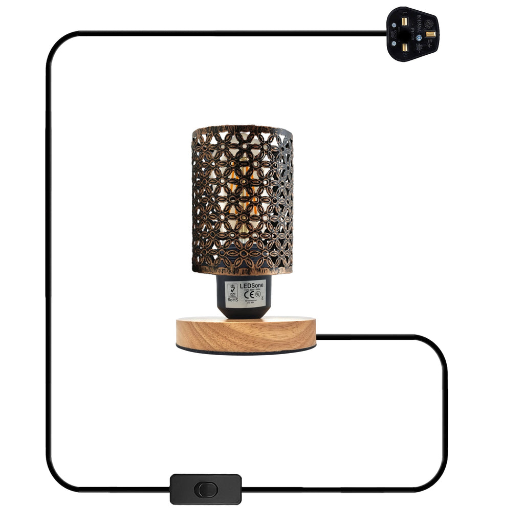 Industrial Metal Barrel Cage Table Lamp with Natural Wood Stand
