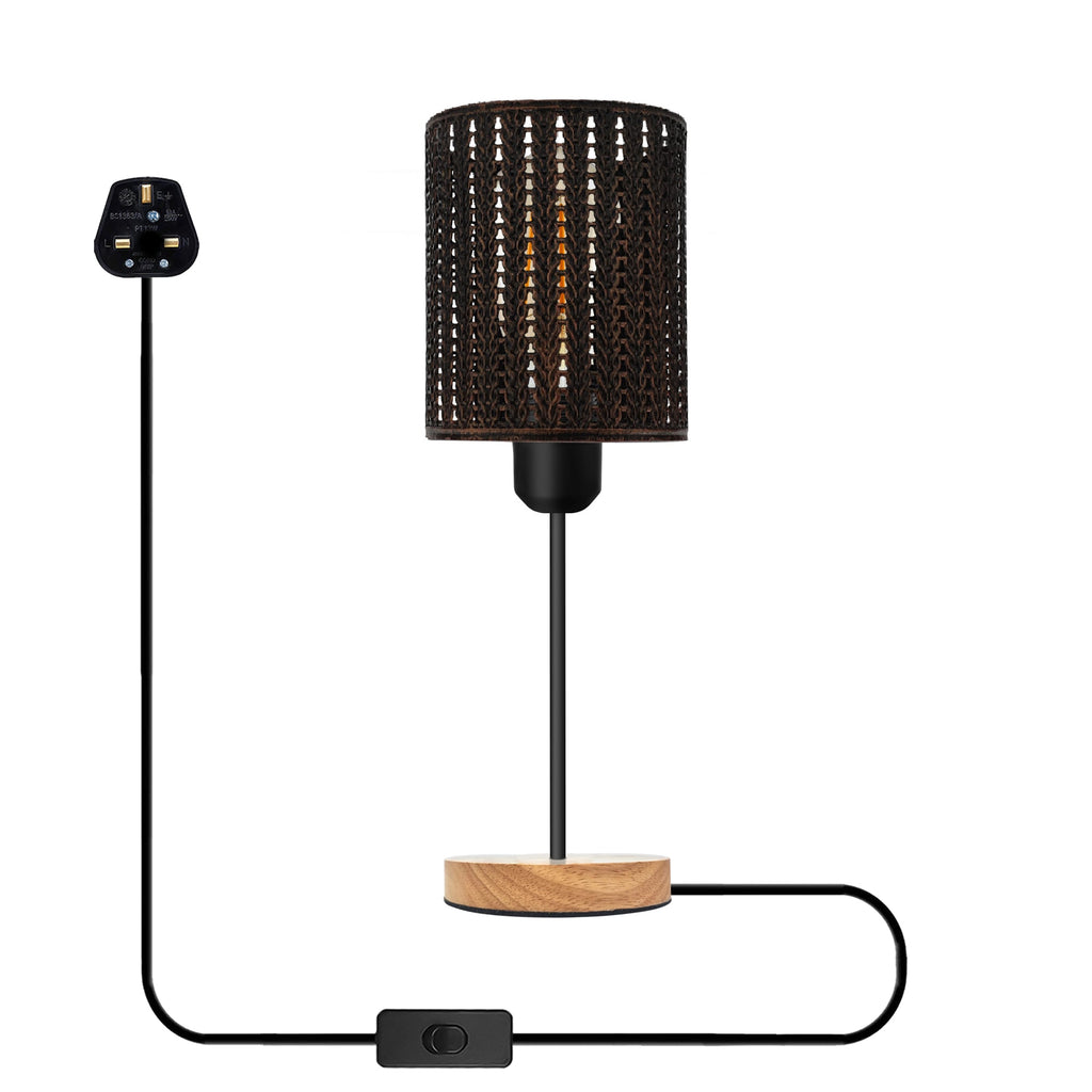 Industrial Metal Wire Cage Wooden Stand Plug-in Table Lamp with On/Off Switch
