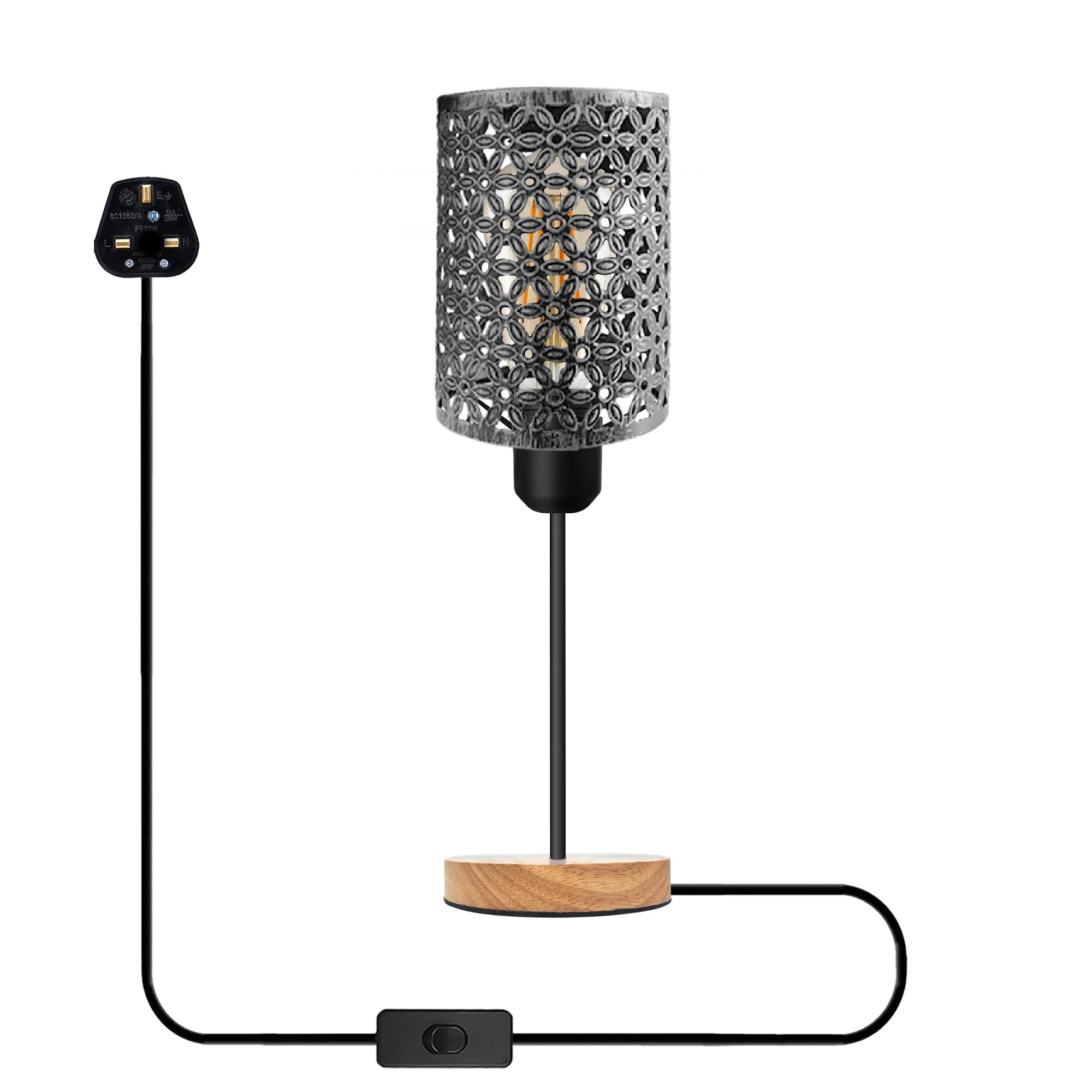 Industrial Metal Cage Table Lamp with Wooden Base, E27 Bedside Light