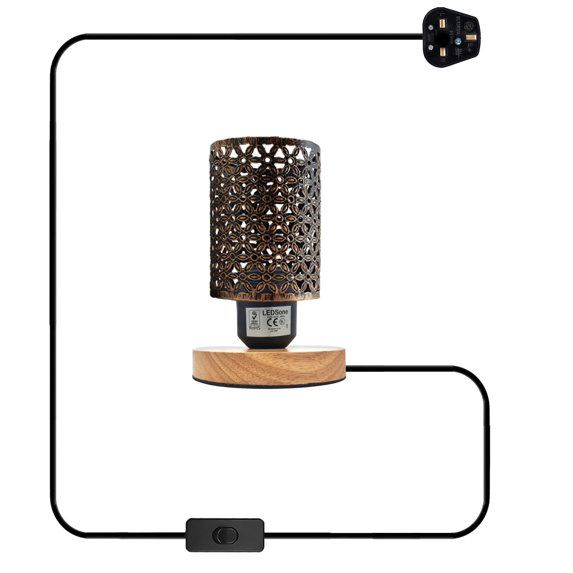 Industrial Metal Barrel Cage Table Lamp with Natural Wood Stand