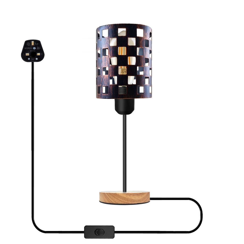 Industrial Metal Wire Cage Bedside Table Lamp with Wooden Stand