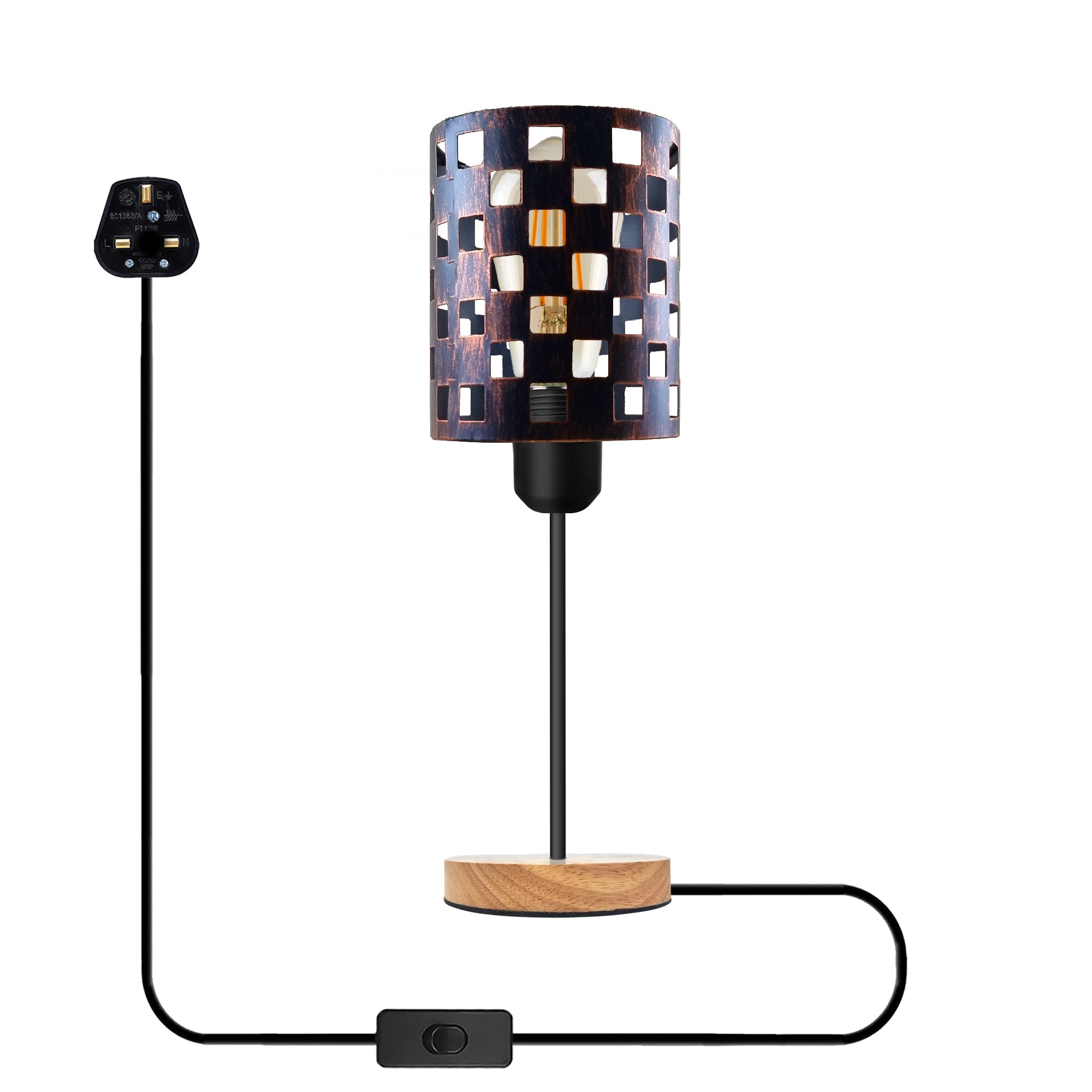 Industrial Metal Cage Table Lamp, Wooden Base, E27 Plugin On/Off Switch