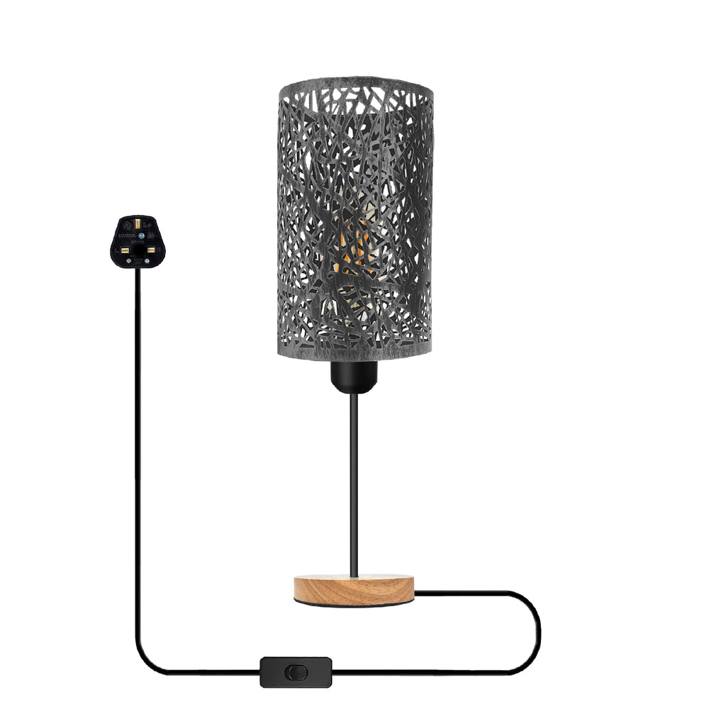 Industrial Metal Wire Cage Table Lamp, Wooden Base, E27 Bulb Socket, On/Off Switch