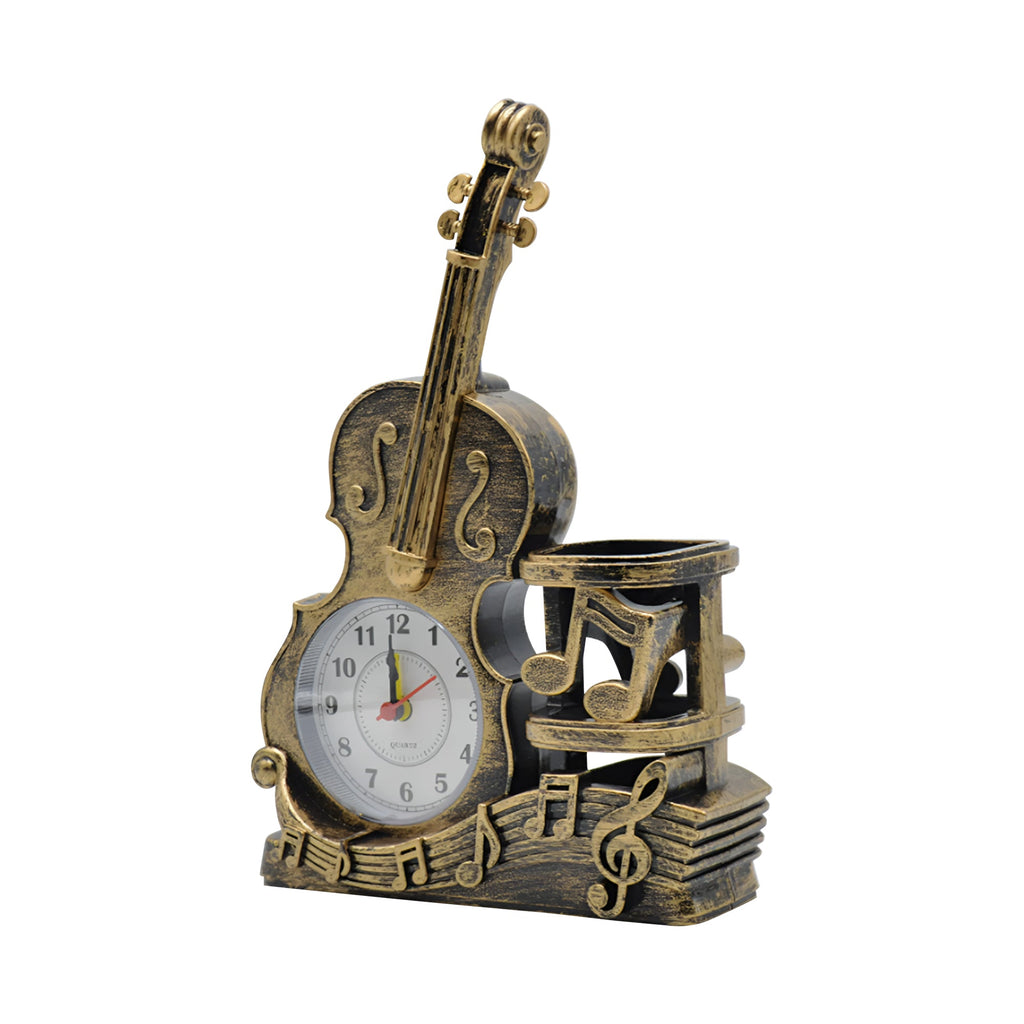 Elegant Violin Shaped Desk Alarm Clock Pen Holder for Home & Office