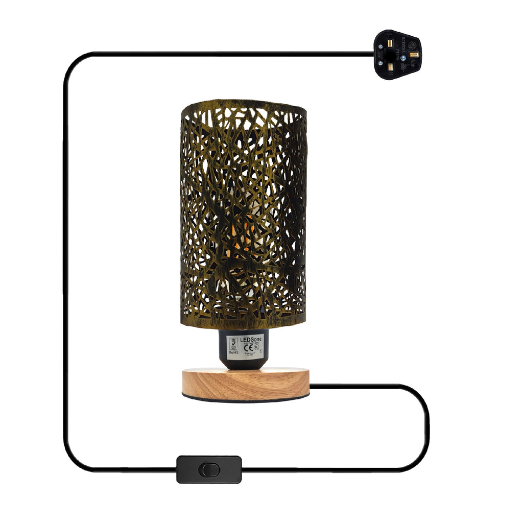Modern Barrel Cage Table Lamp with Natural Wood Base and Plugin Switch