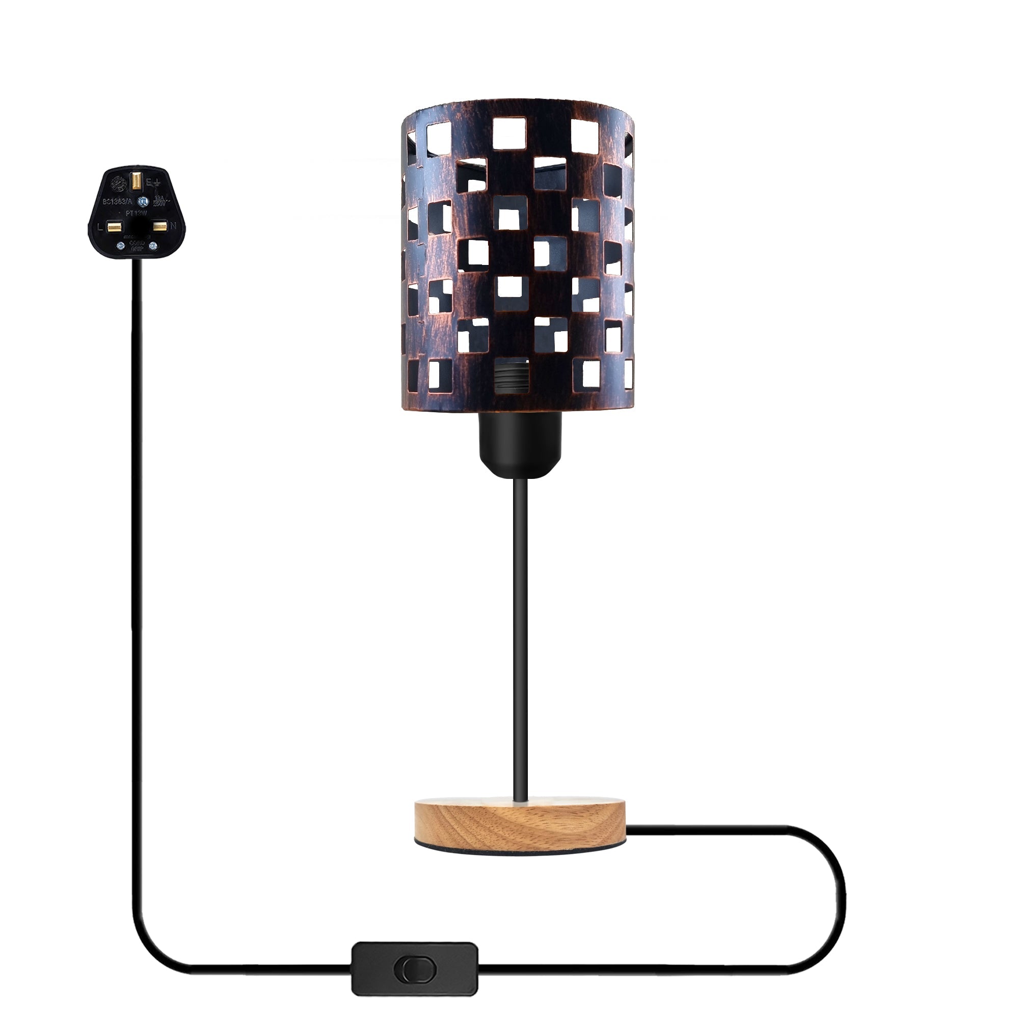Industrial Metal Cage Table Lamp, Wooden Base, E27 Plugin On/Off Switch