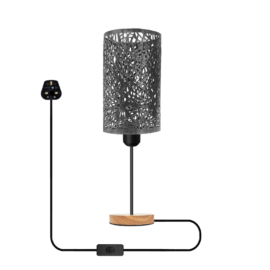 Modern Industrial Wire Cage Table Lamp with Natural Wood Base