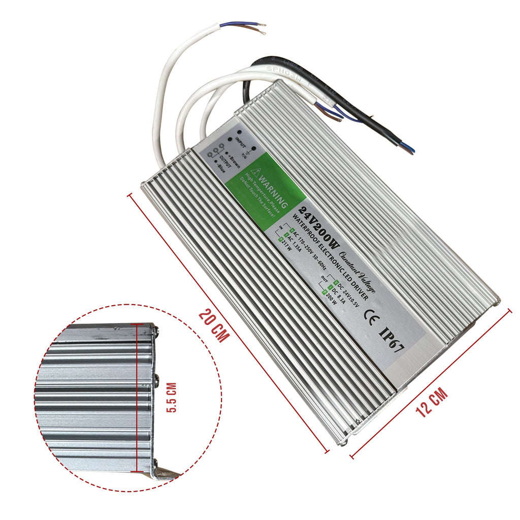 DC 24V 8.3A 200W IP67 Waterproof LED Driver Power Supply Transformer
