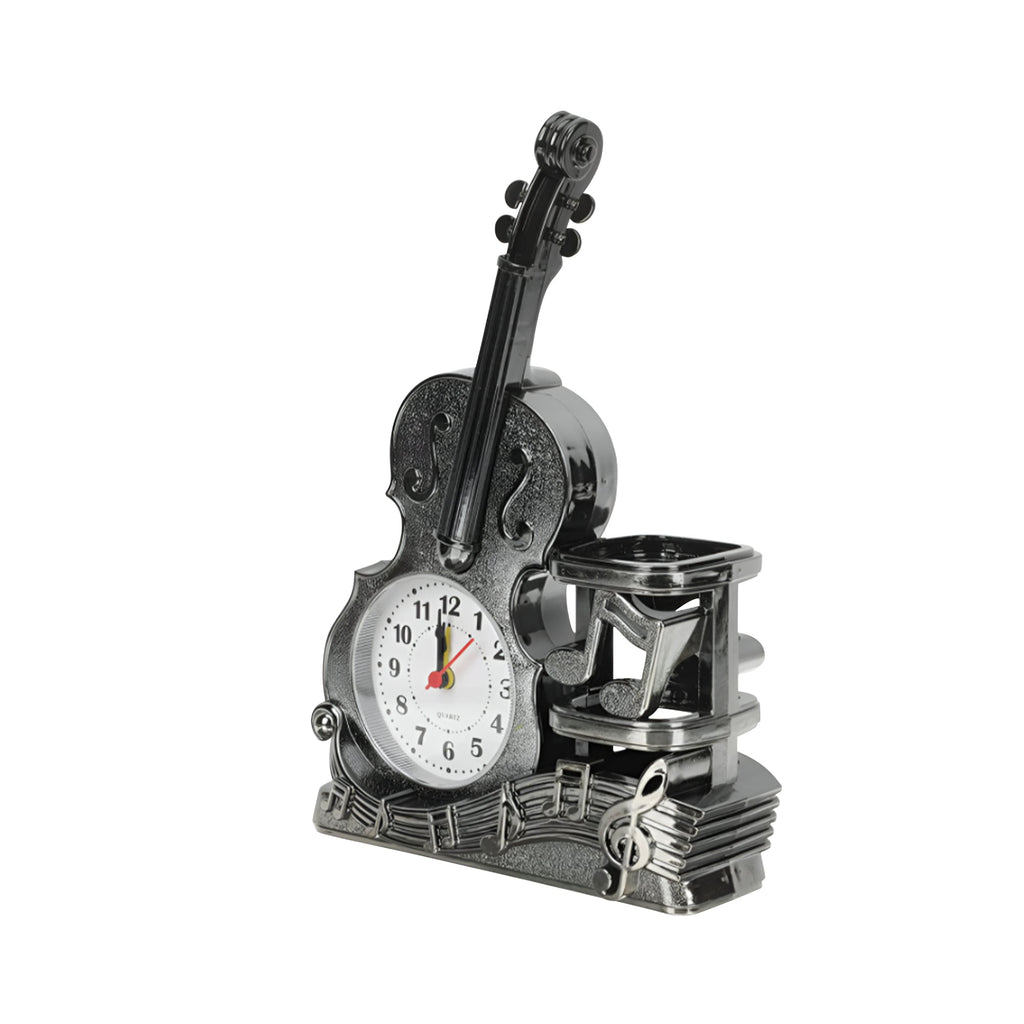 Elegant Violin Shaped Desk Alarm Clock Pen Holder for Home & Office
