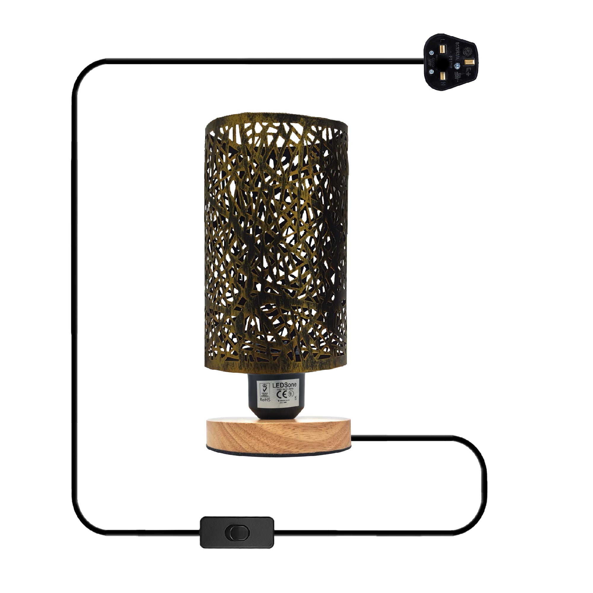 Modern Industrial Metal Cage Table Lamp with Natural Wood Base