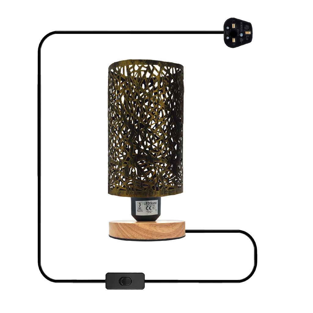 Modern Barrel Cage Table Lamp with Natural Wood Base and Plugin Switch
