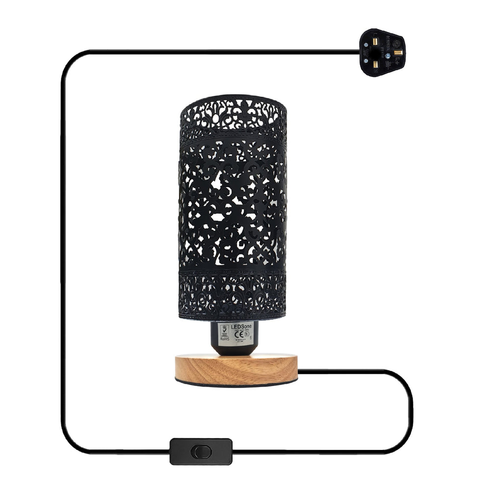 Chic Metal Wire Cage Table Lamp, Wooden Base, E27 Plug-in