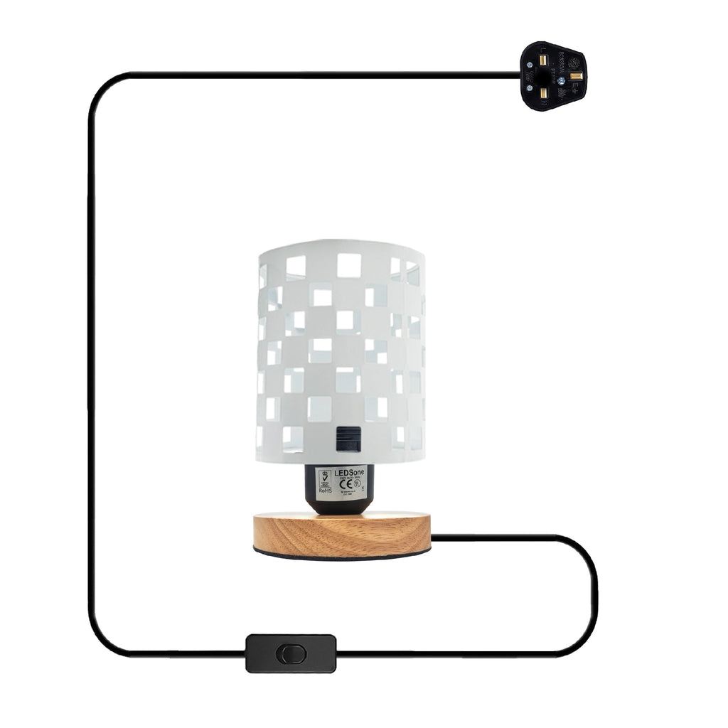 Modern Industrial Bedside Table Lamp with Metal Cage & Wood Base
