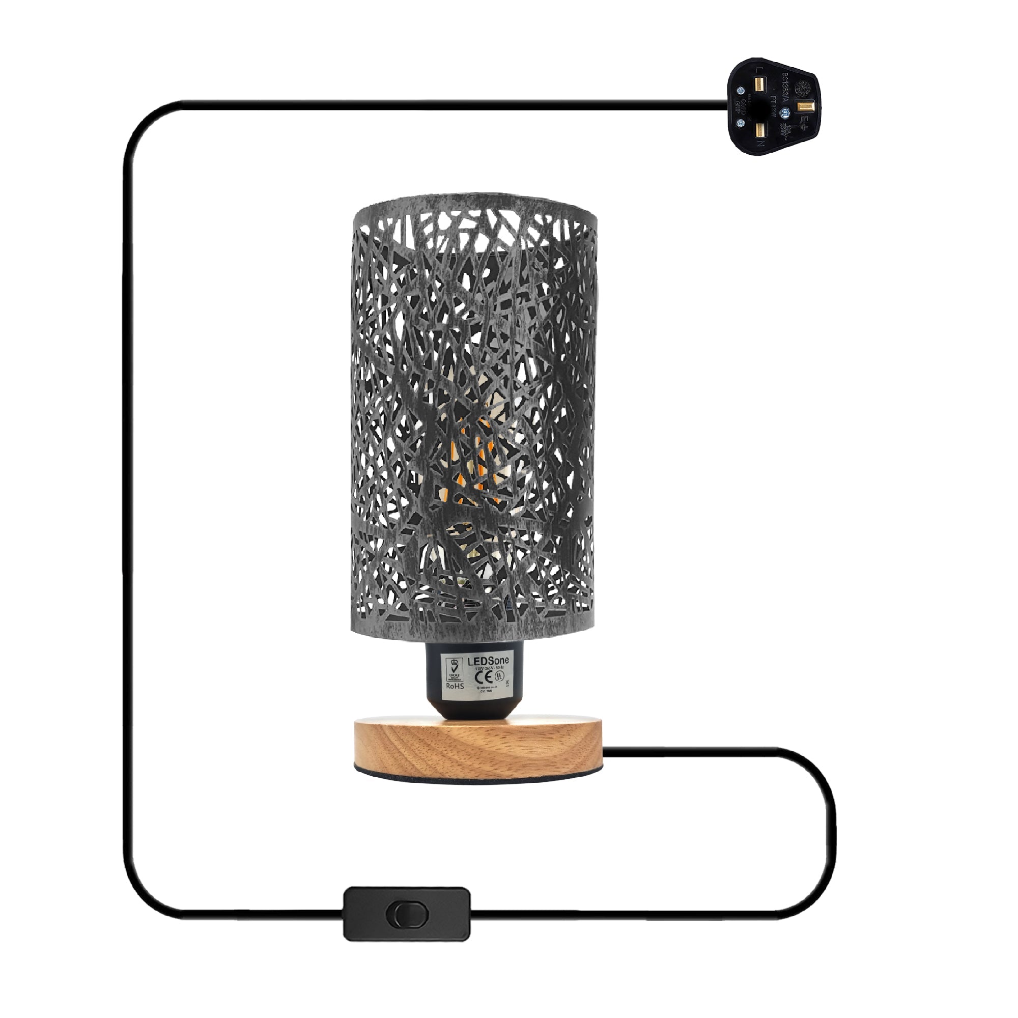 Modern Barrel Cage Table Lamp with Natural Wood Base and Plugin Switch