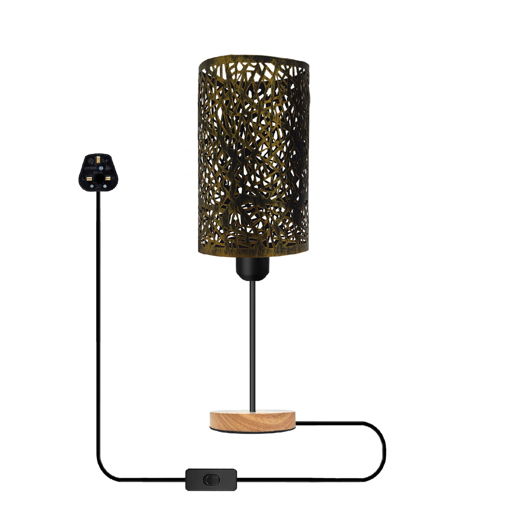 Industrial Metal Wire Cage Table Lamp, Wooden Base, E27 Bulb Socket, On/Off Switch
