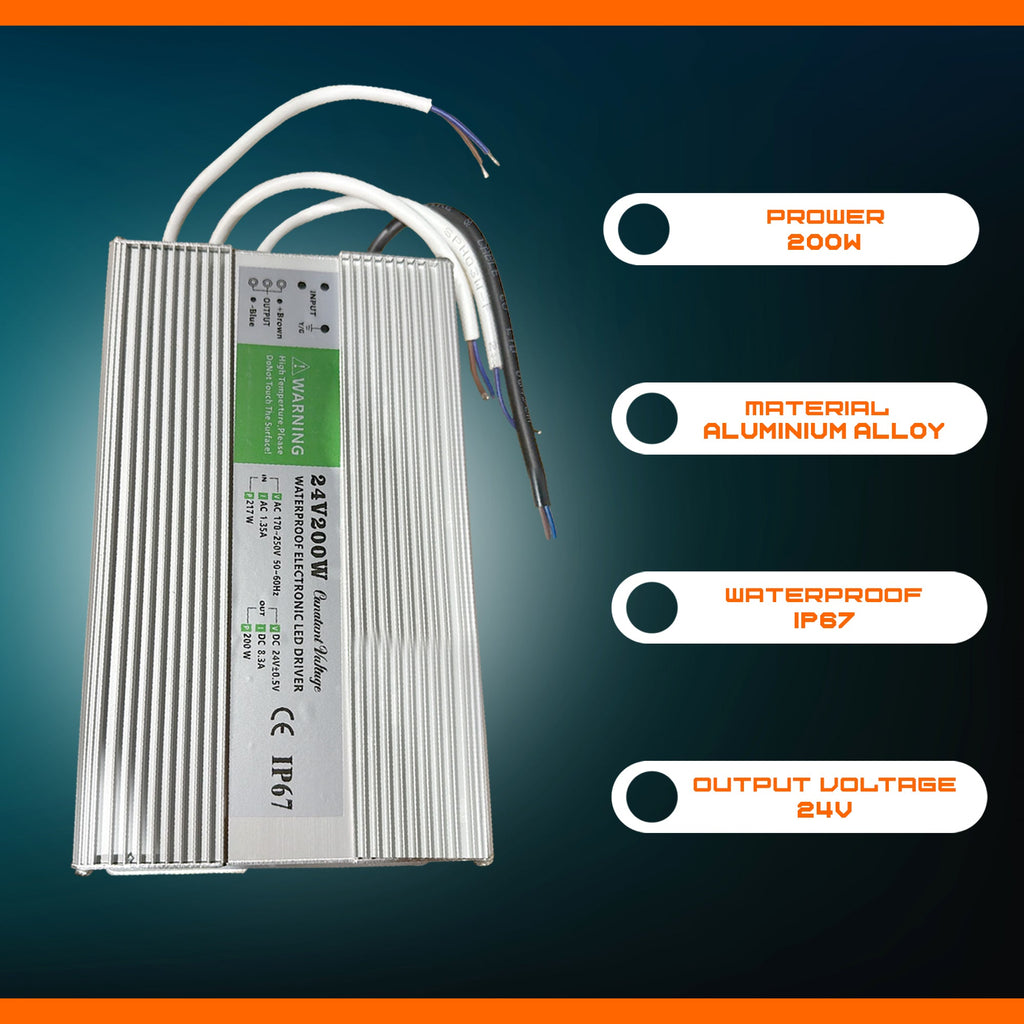 DC 24V 8.3A 200W IP67 Waterproof LED Driver Power Supply Transformer