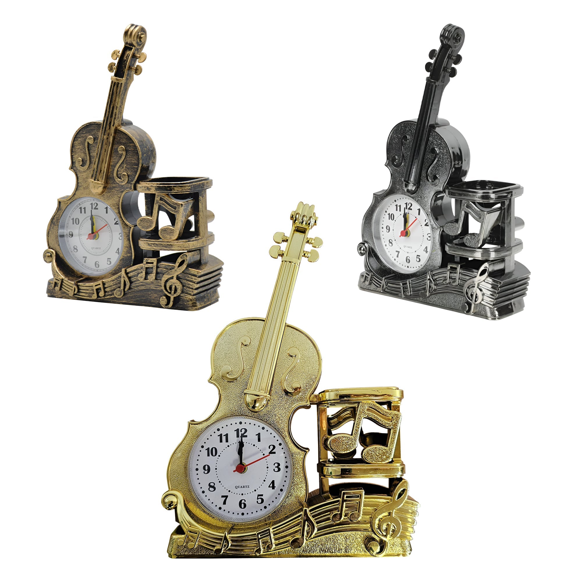 Violin Shape Mini Alarm Clock & Pen Holder for Home Decorations ~5225