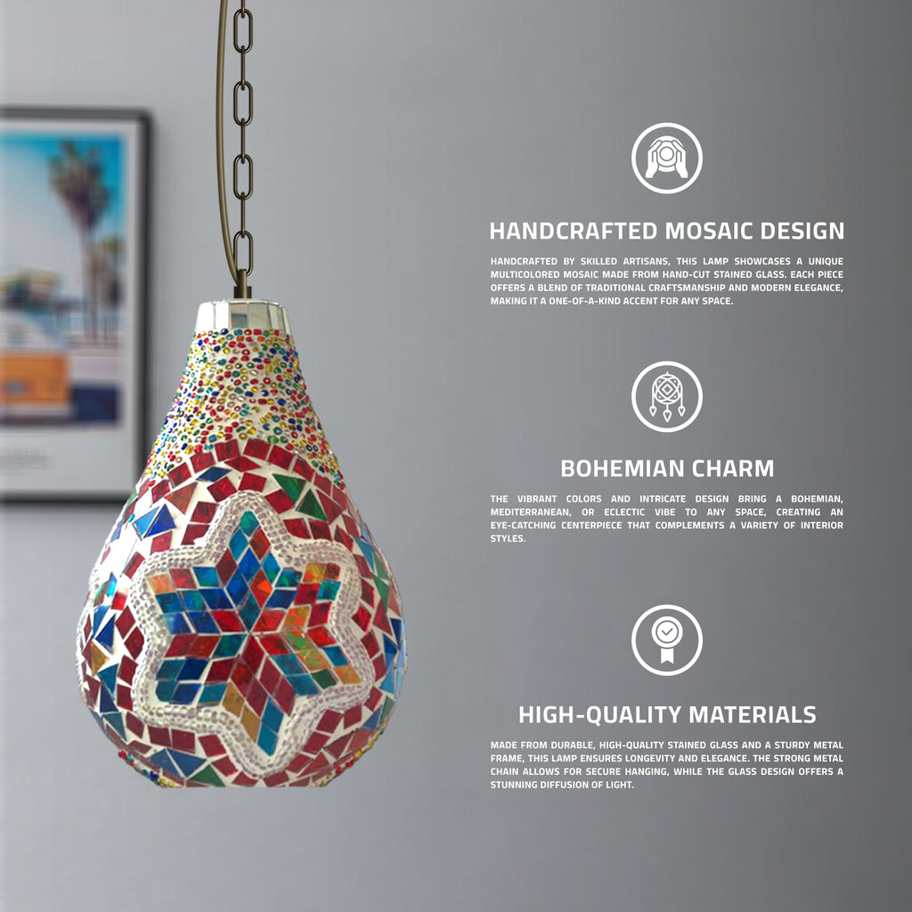 Vibrant Turkish Moroccan Mosaic Glass Pendant Light, Adjustable Hanging Bulb Fixture