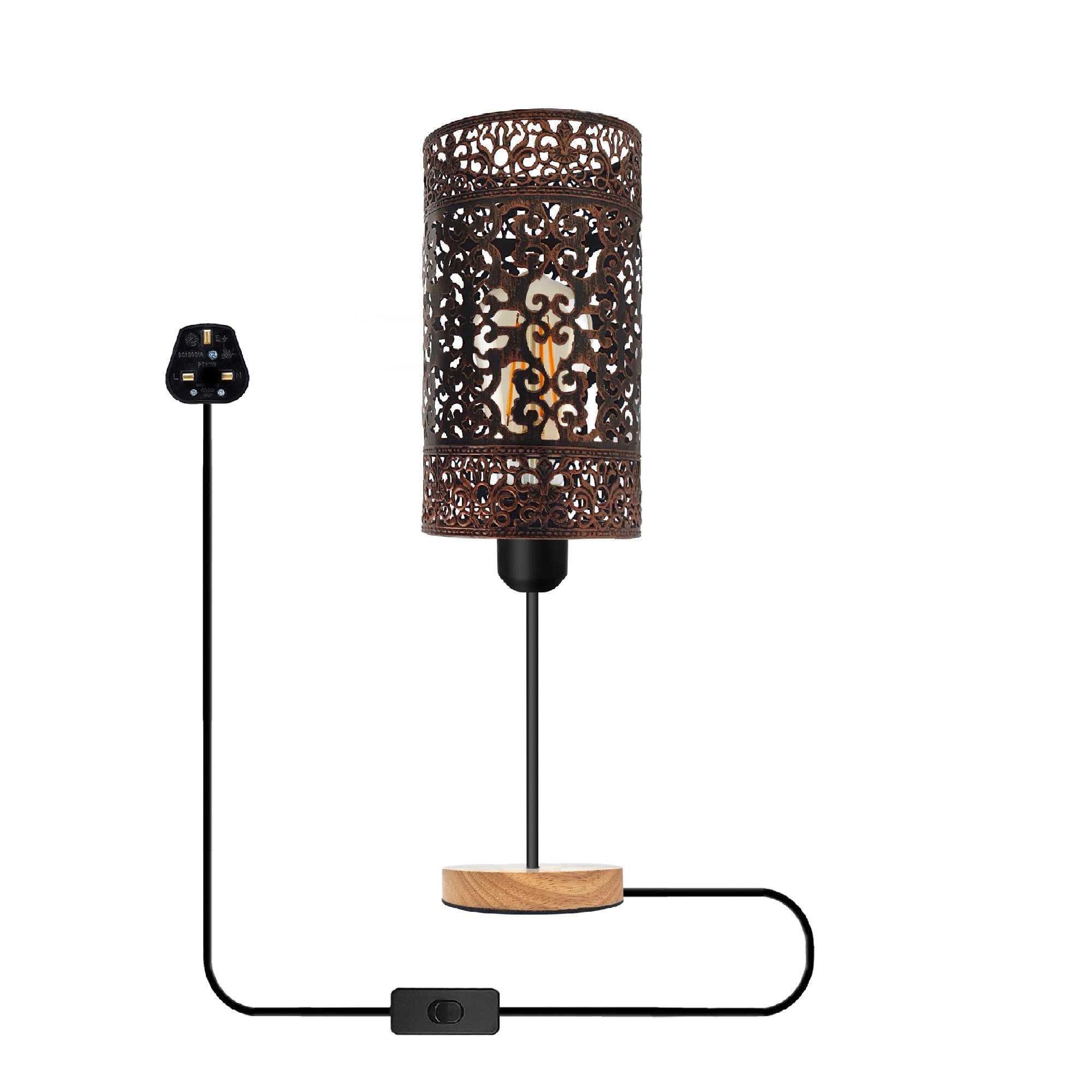 Rustic Metal Cage Table Lamp with Wooden Base, E27 Socket, On/Off