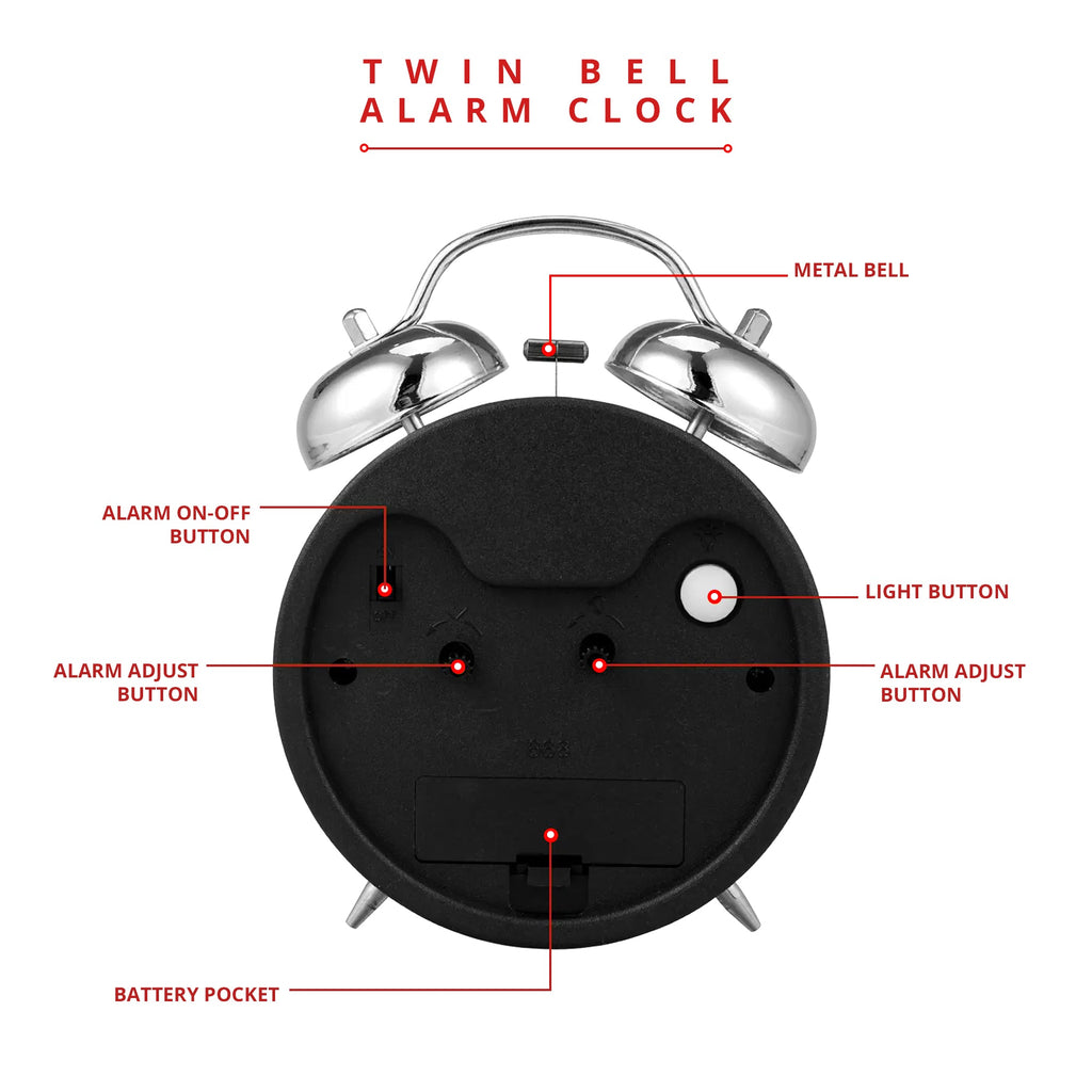 Retro Twin Bell Loud Bedside Alarm Clock Battery Operated for Heavy Sleepers