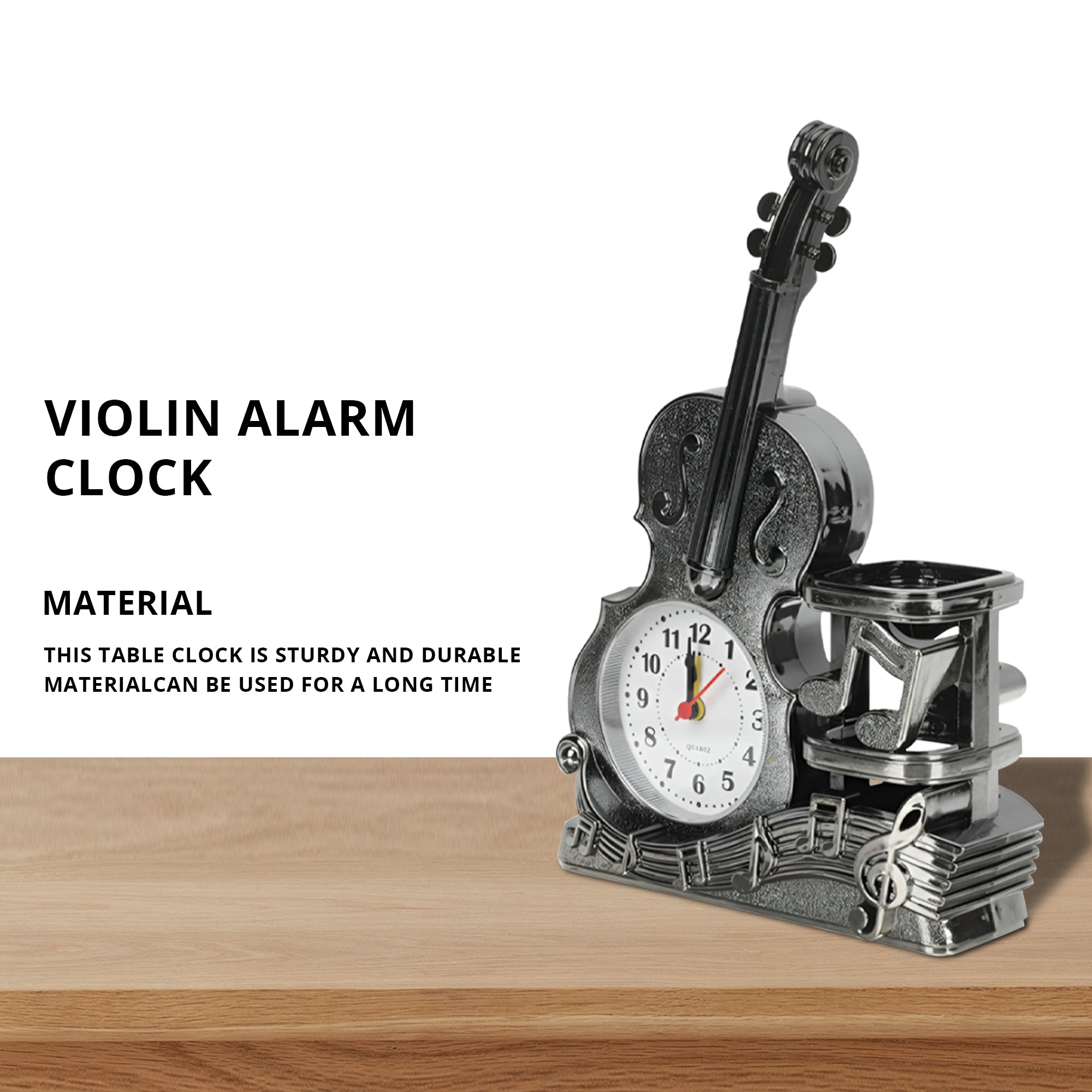 Whimsical Violin Alarm Clock & Pen Holder for Creative Desk Organization
