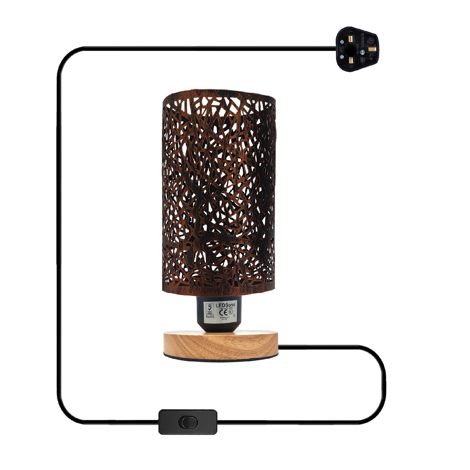 Modern Industrial Metal Cage Table Lamp with Natural Wood Base
