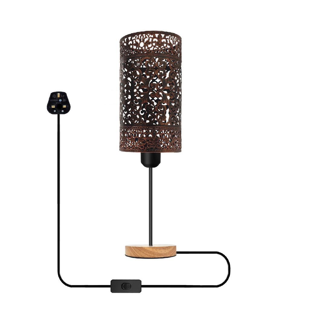 Rustic Metal Cage Table Lamp with Wooden Base, E27 Socket, On/Off