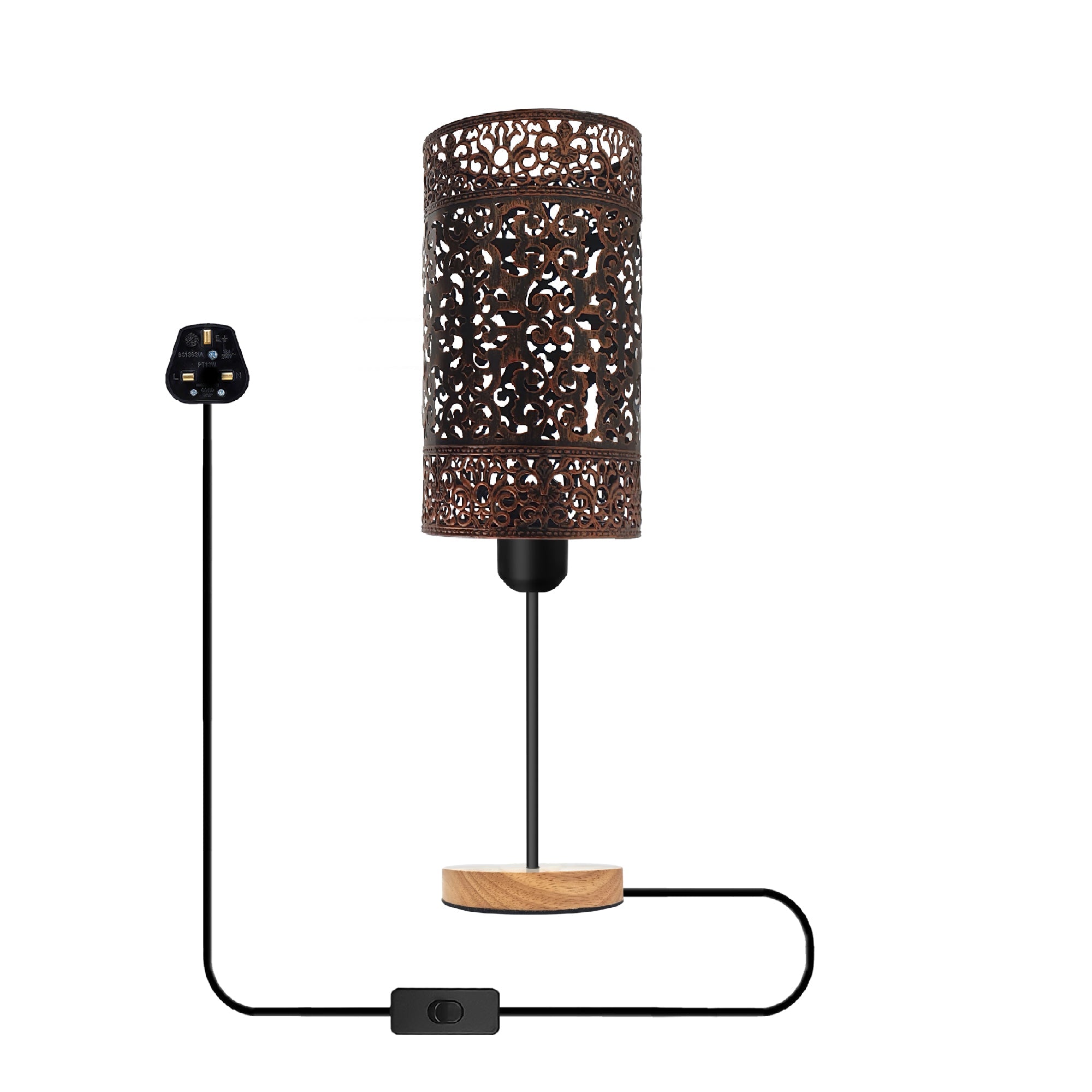 Rustic Metal Cage Table Lamp with Wooden Base, E27 Socket, On/Off