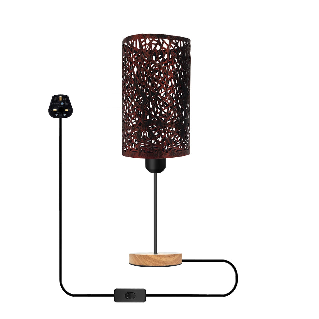 Modern Industrial Wire Cage Table Lamp with Natural Wood Base