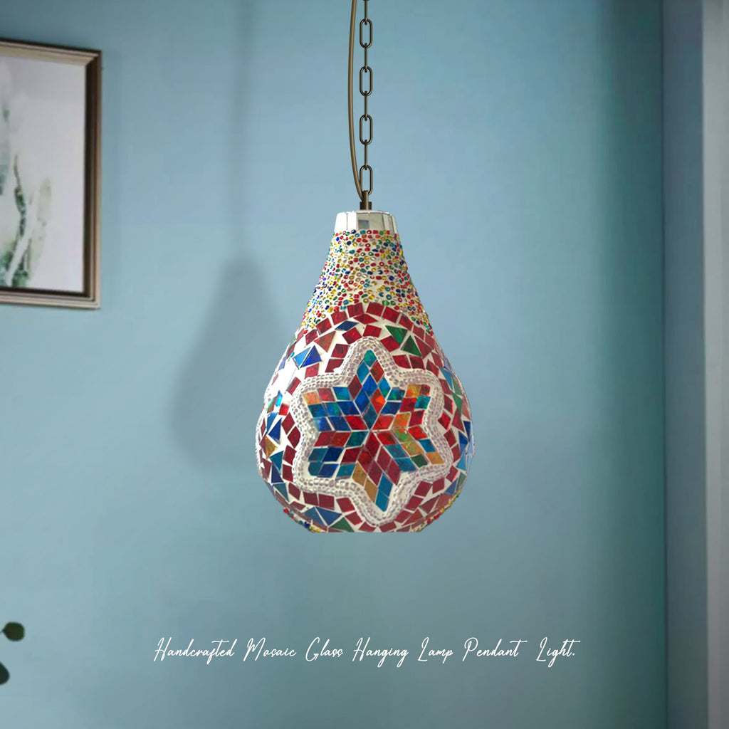 Vibrant Turkish Moroccan Mosaic Glass Pendant Light, Adjustable Hanging Bulb Fixture