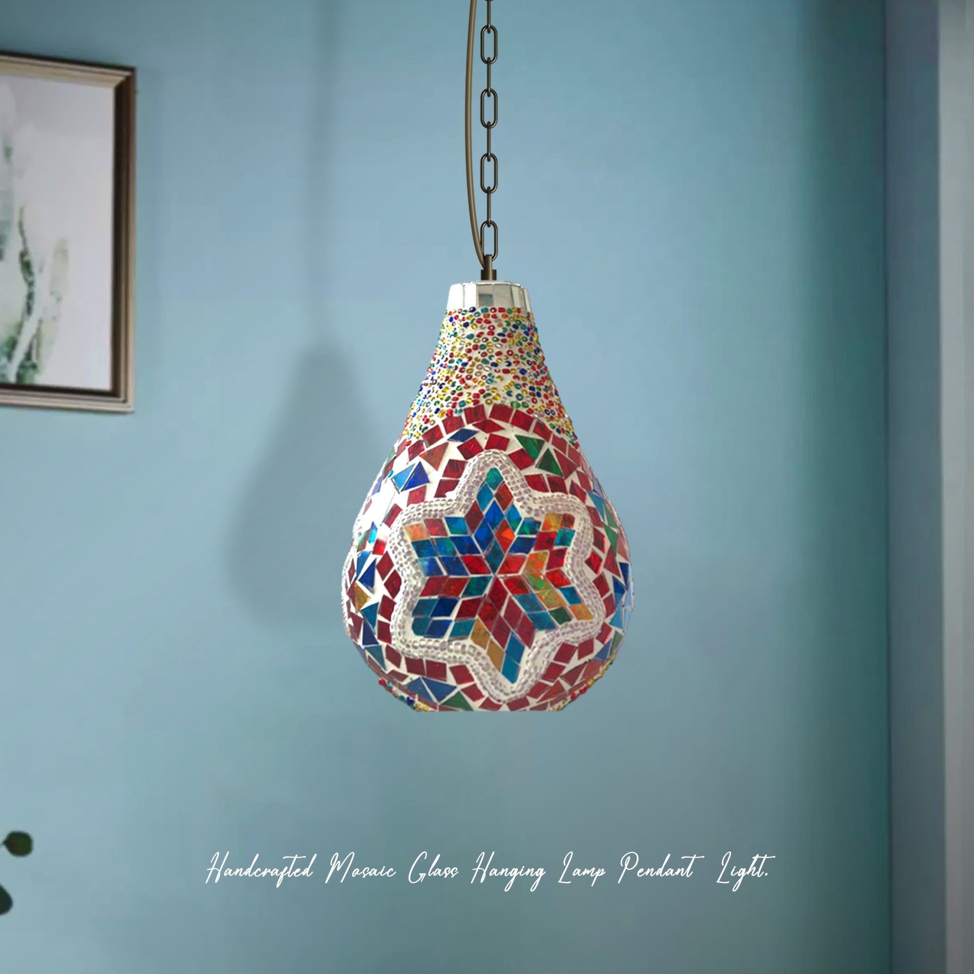 Vibrant Turkish Moroccan Mosaic Glass Pendant Light, Adjustable Hanging Bulb Fixture
