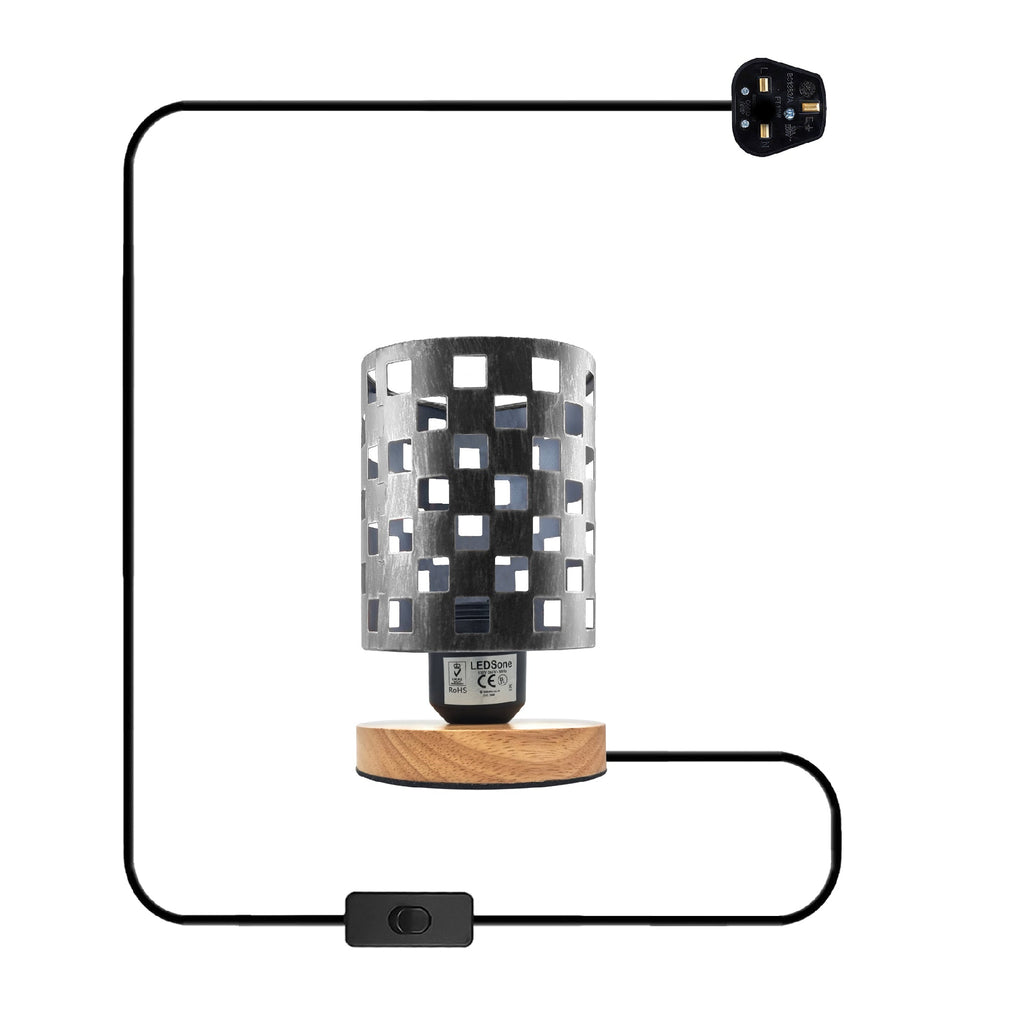 Modern Industrial Bedside Table Lamp with Metal Cage & Wood Base
