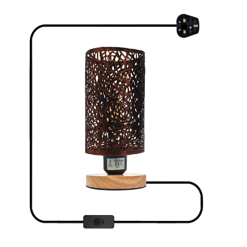 Modern Barrel Cage Table Lamp with Natural Wood Base and Plugin Switch