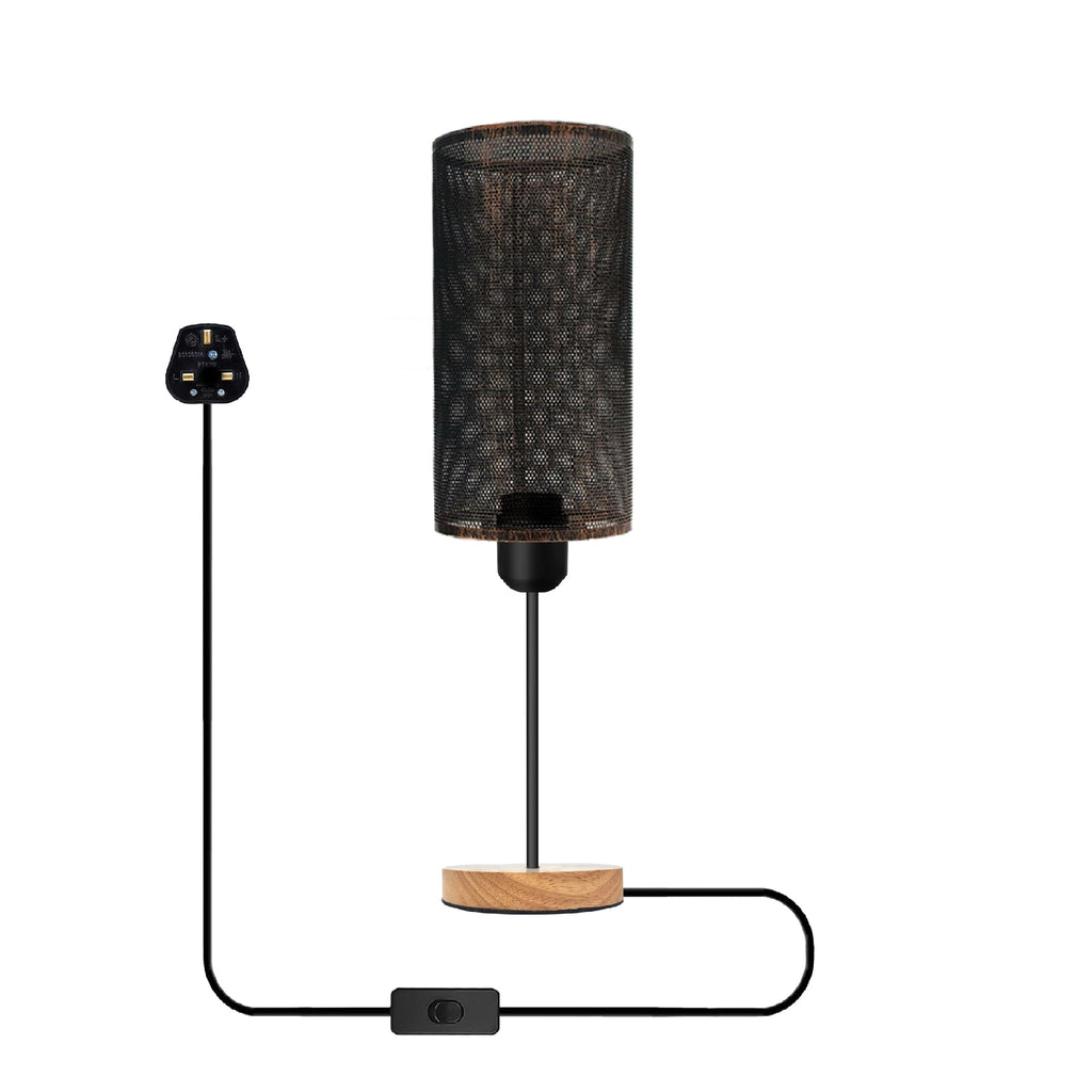 Industrial Metal Cage Table Lamp with Natural Wooden Stand Bedside